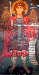 Fresco Bizantino del Siglo XV (detalle) Arcángel Miguel Pintura Mural Iglesia del Arcángel Miguel en Pedoulas, Chipre Iglesias Pintadas Sitio UNESCO Troodos, Chipre